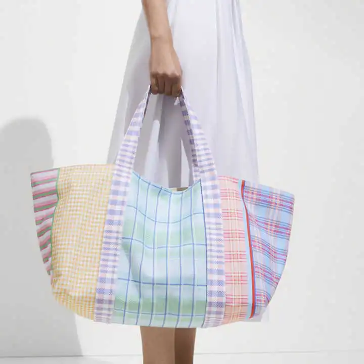 Women Handbags Stripe Promotional Cotton Canvas Beach Tote Bag Colorful Custom Logo Cotton Fabric Canvas Tote Bag