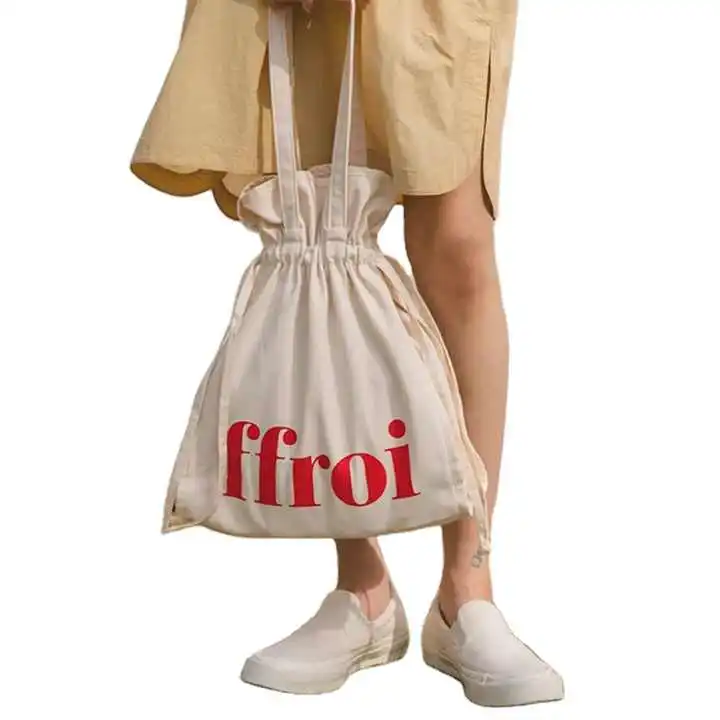 HOT SELLING Custom Drawstring Women`s Canvas Cotton Shopping Large Tote Bags with Custom Printed logo
