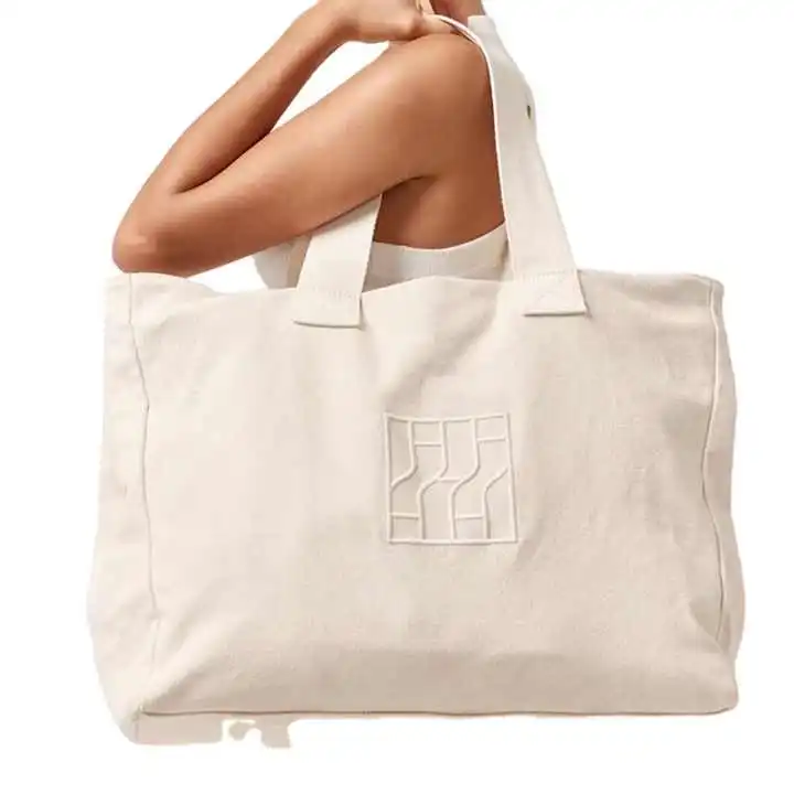 Large Capacity Cotton Fabric Tote Bag With Custom Logo Embroidery Natural Extra Large Canvas Tote Bag