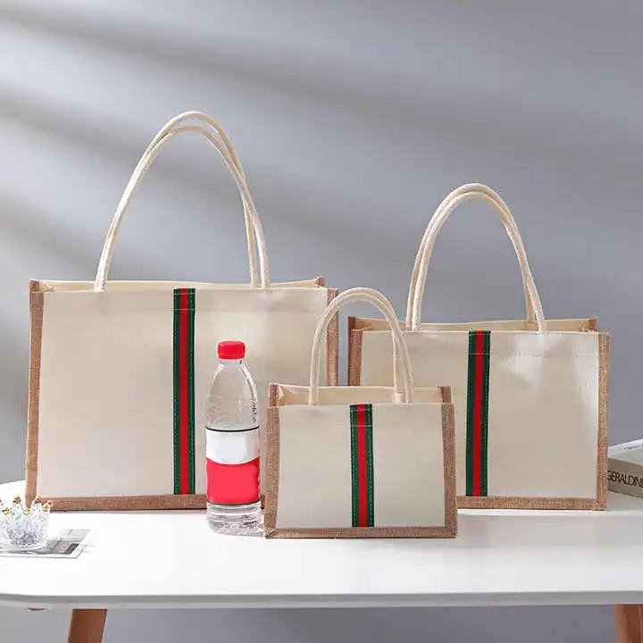 Wholesale Custom Design Large Capacity Eco-Friendly Durable Covered Canvas Jute Patchwork Tote Bag