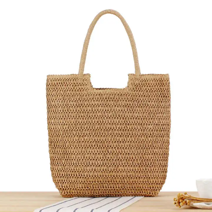 Women Traveling Shopping Handbags Solid Color Handle Hand Woven Straw Summer Travel Beach Tote Square Top Handle Bag